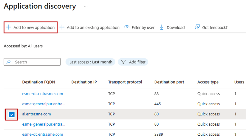 Screenshot showing how to add discovered segments to a new application.