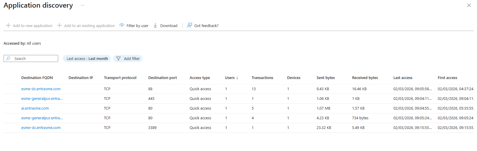 Screenshot showing the Application Discovery page with discovered application segments.