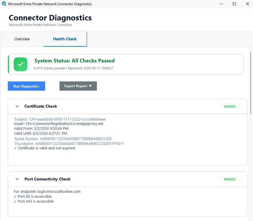 Screenshot that shows connector health check results with successful connectivity.