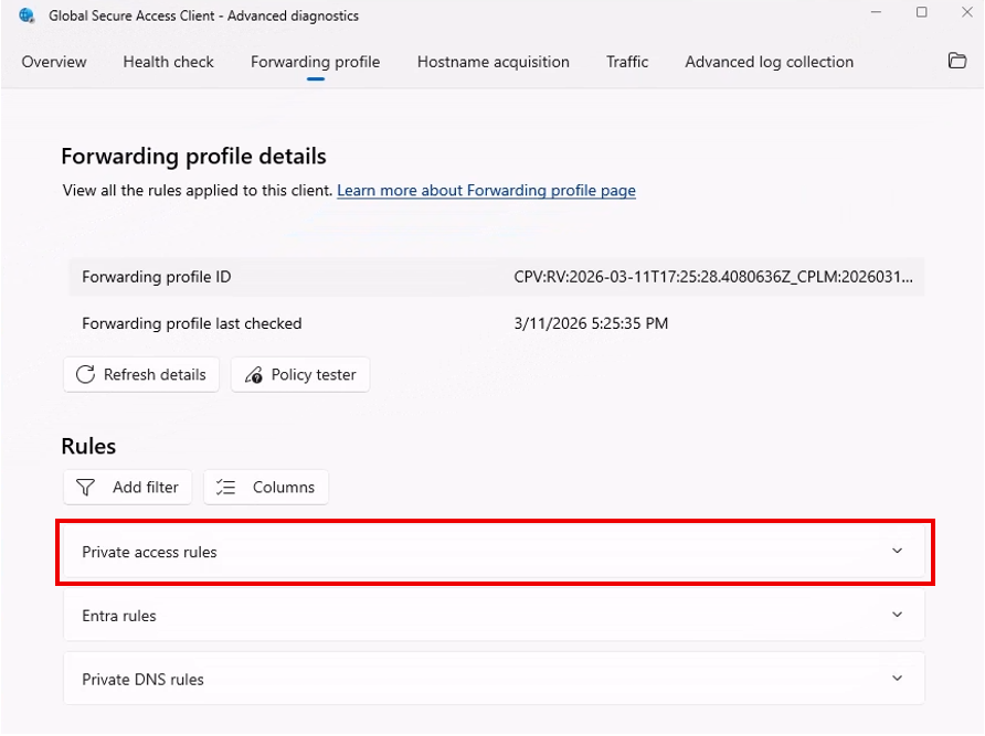 Screenshot showing the Private Access forwarding profile in the GSA client.