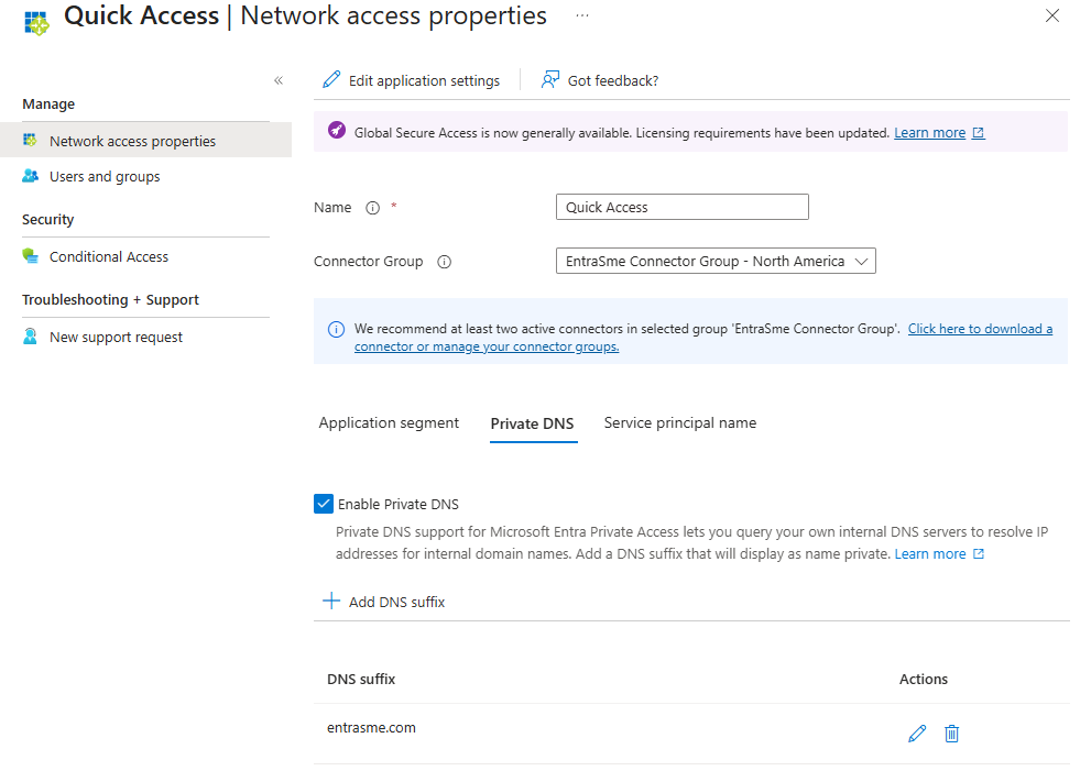 Screenshot showing the Private DNS suffixes configuration panel.