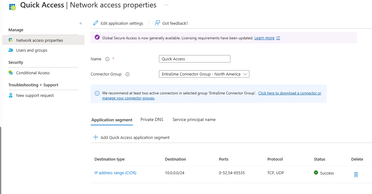 Screenshot showing the Quick Access VPN replacement configuration with network segments and port settings.