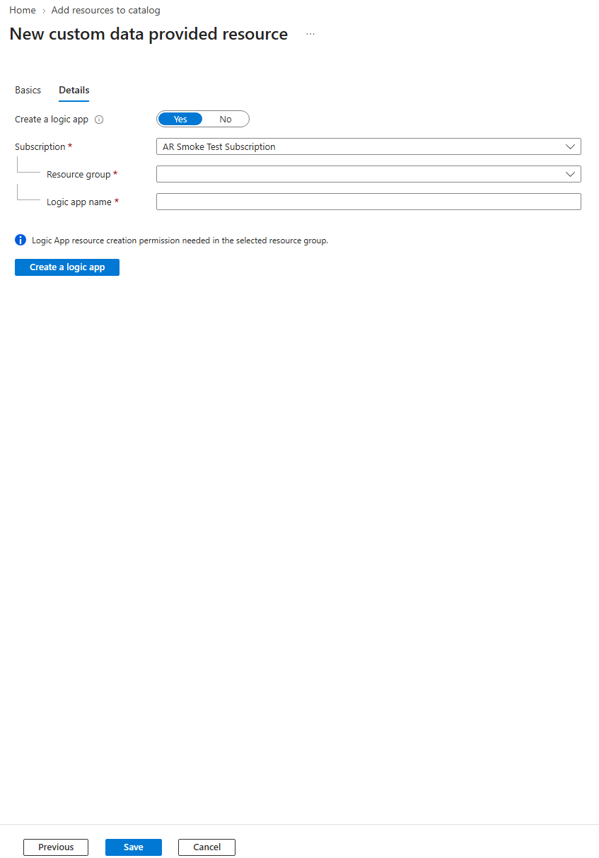 Screenshot of entering the details for the logic app as part of the custom data provided resource.