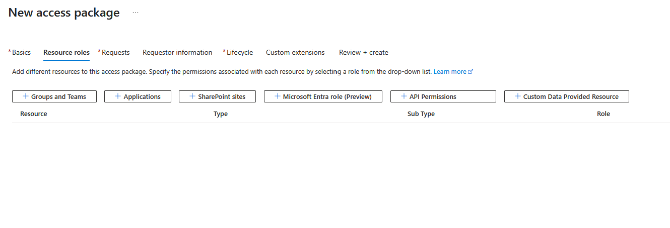 Screenshot that shows the panel for selecting applications for resource roles in a new access package.