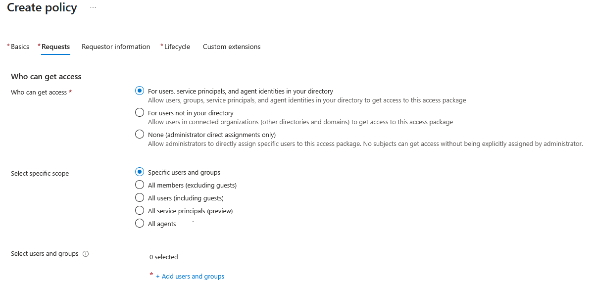 Access package - Requests - For users in your directory