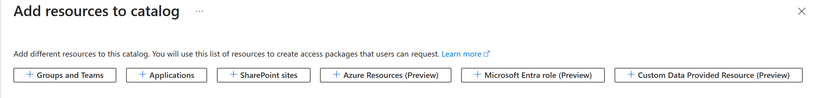 Screenshot that shows the Add resources to a catalog pane.