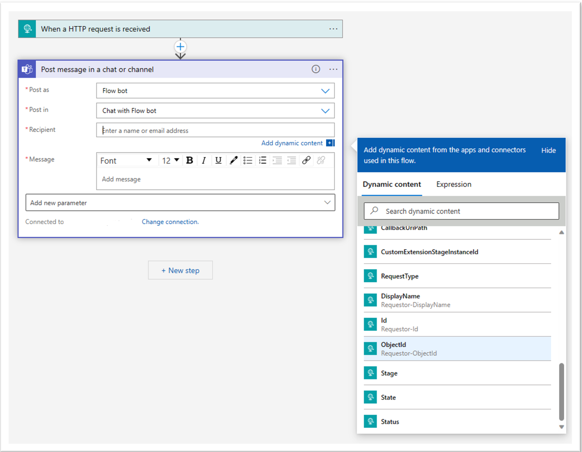 Screenshot of setting the recipient ID for the teams post message.