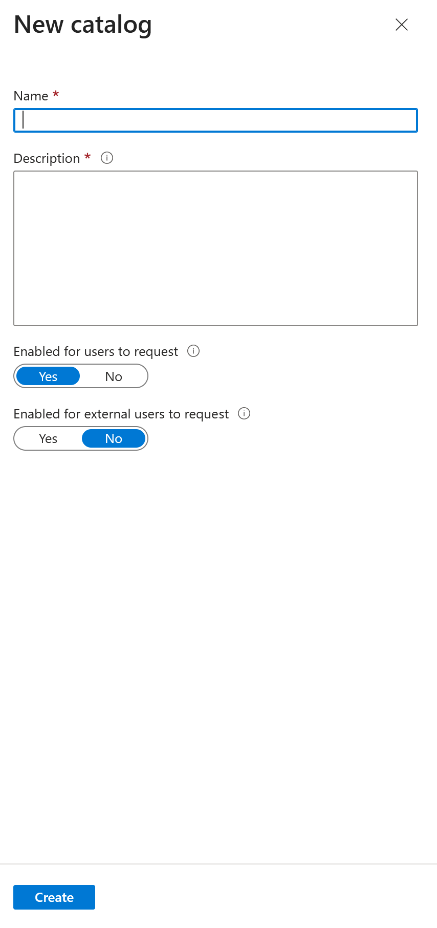 Screenshot that shows the New catalog pane.