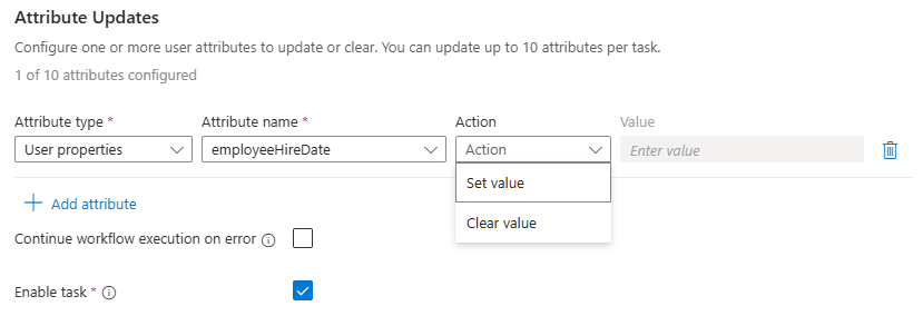 Screenshot showing the attribute configuration panel for the Update user attributes task.