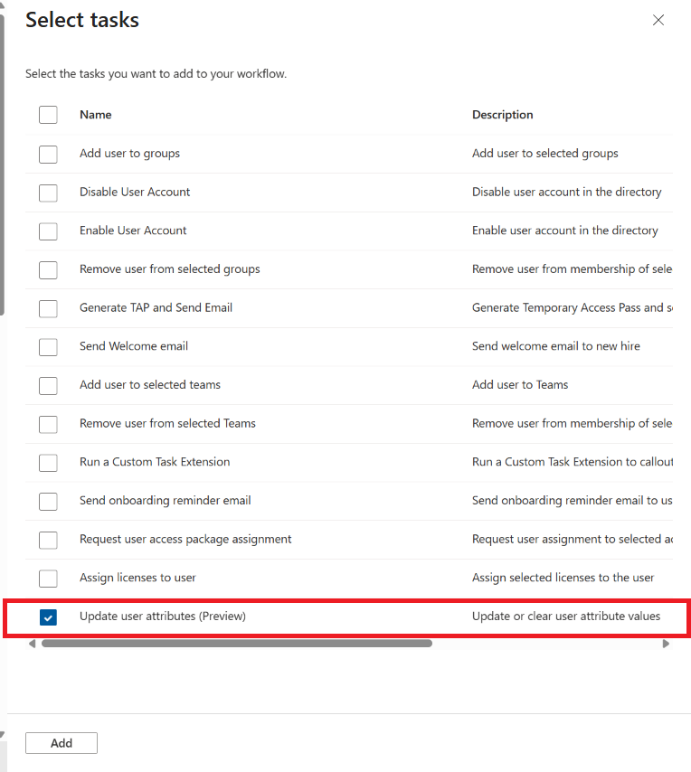 Screenshot showing the Select tasks panel with Update user attributes (Preview) selected.