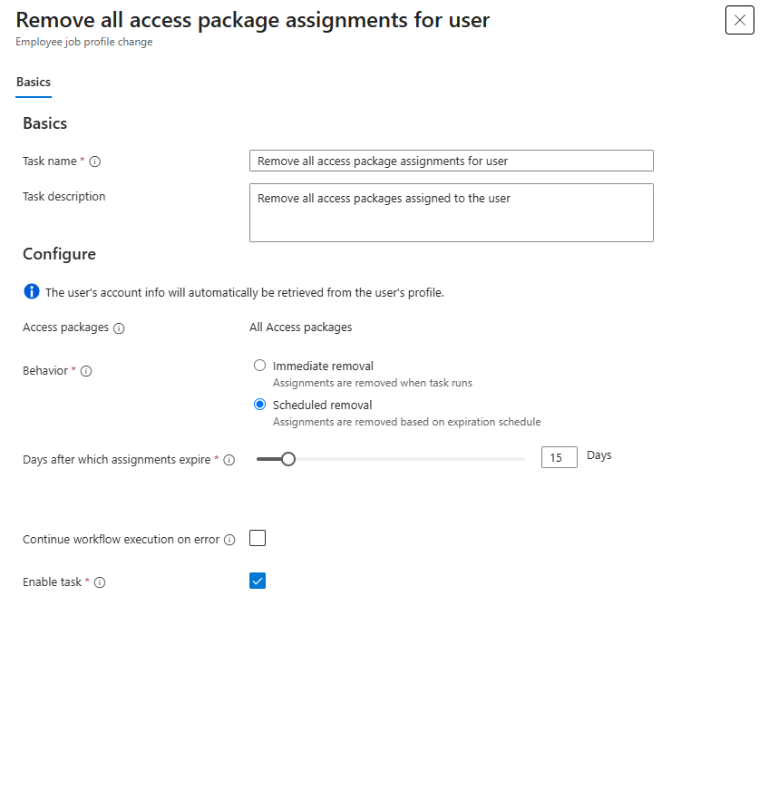 Screenshot of the remove all user access package assignment task.