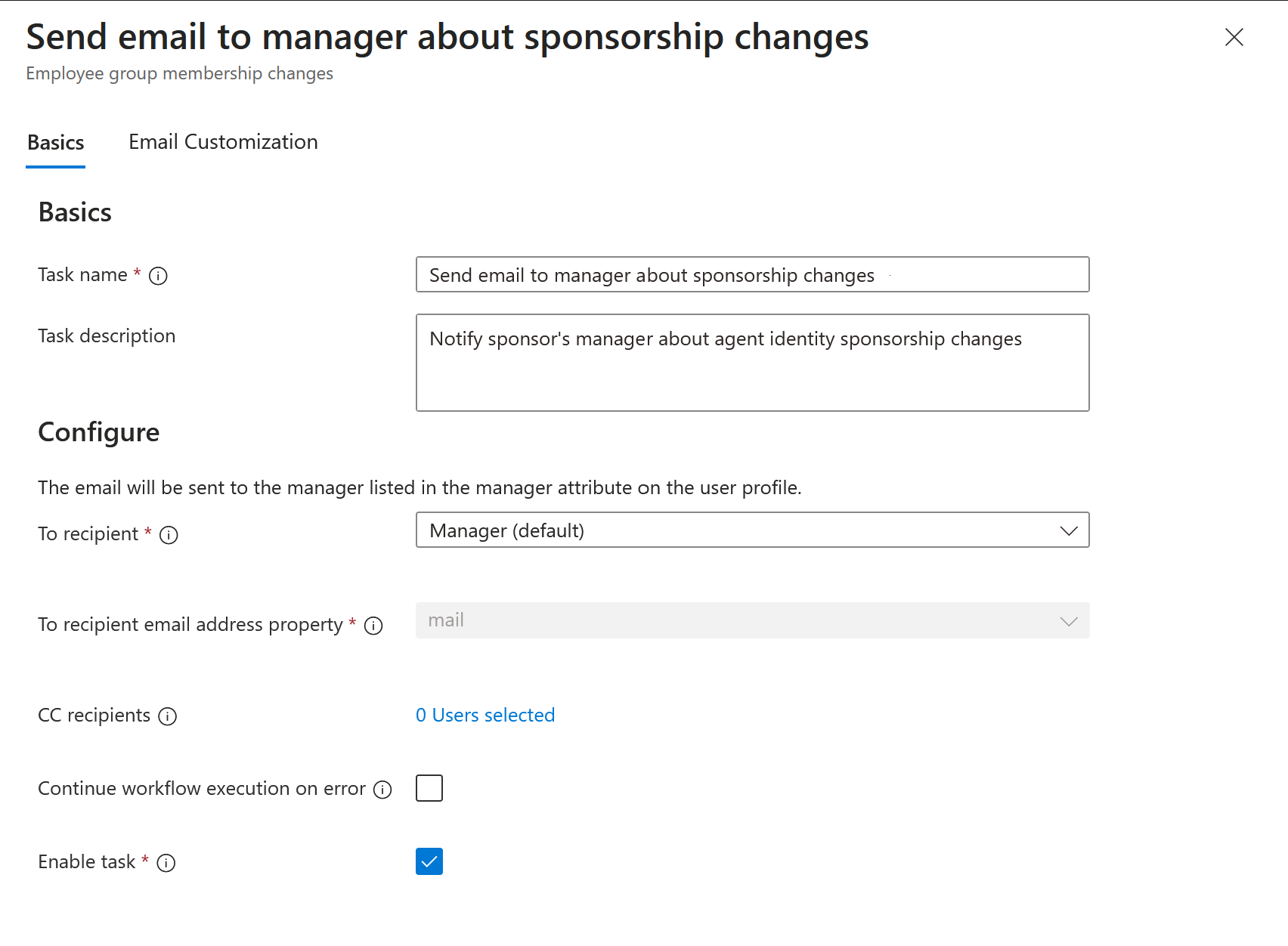 Screenshot of the send email to manager about sponsorship transfer task.