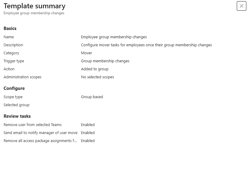 Screenshot of an Employee group membership changes template.
