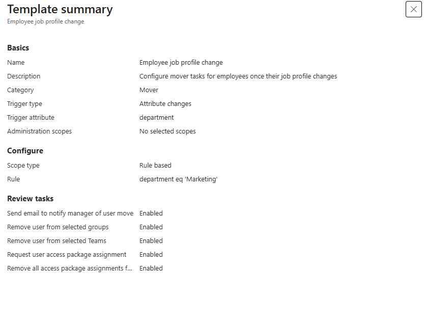 Screenshot of the Employee job profile change template.