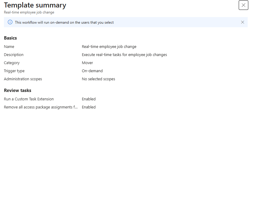 Screenshot of a Lifecycle Workflow real time employee change template.