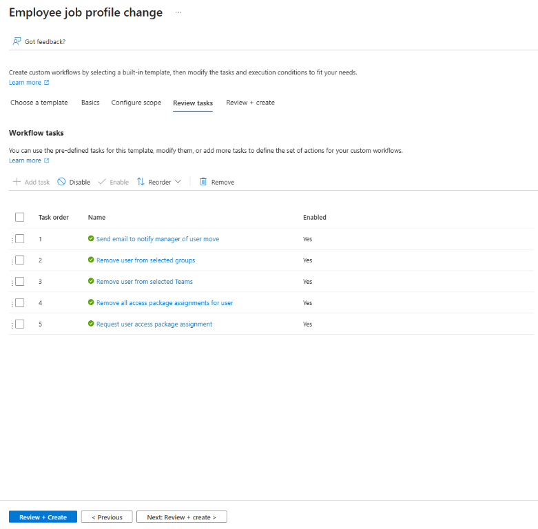 Screenshot of job change template tasks.