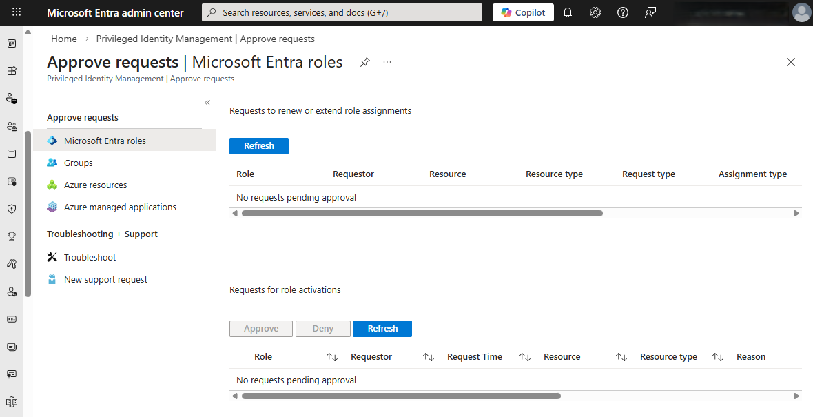 Screenshot showing the Approve requests page showing request to review Microsoft Entra roles.