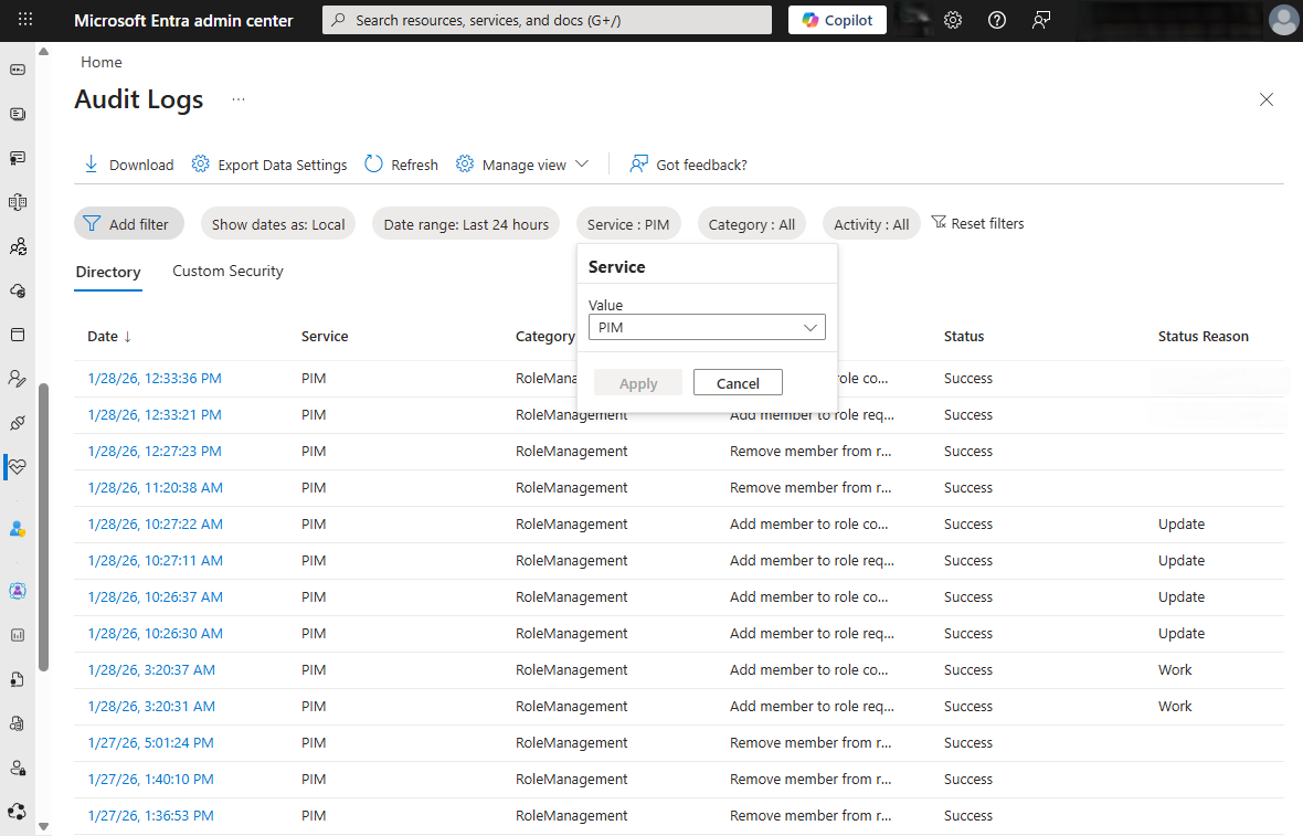 Screenshot showing filtering the audit log for the PIM service.