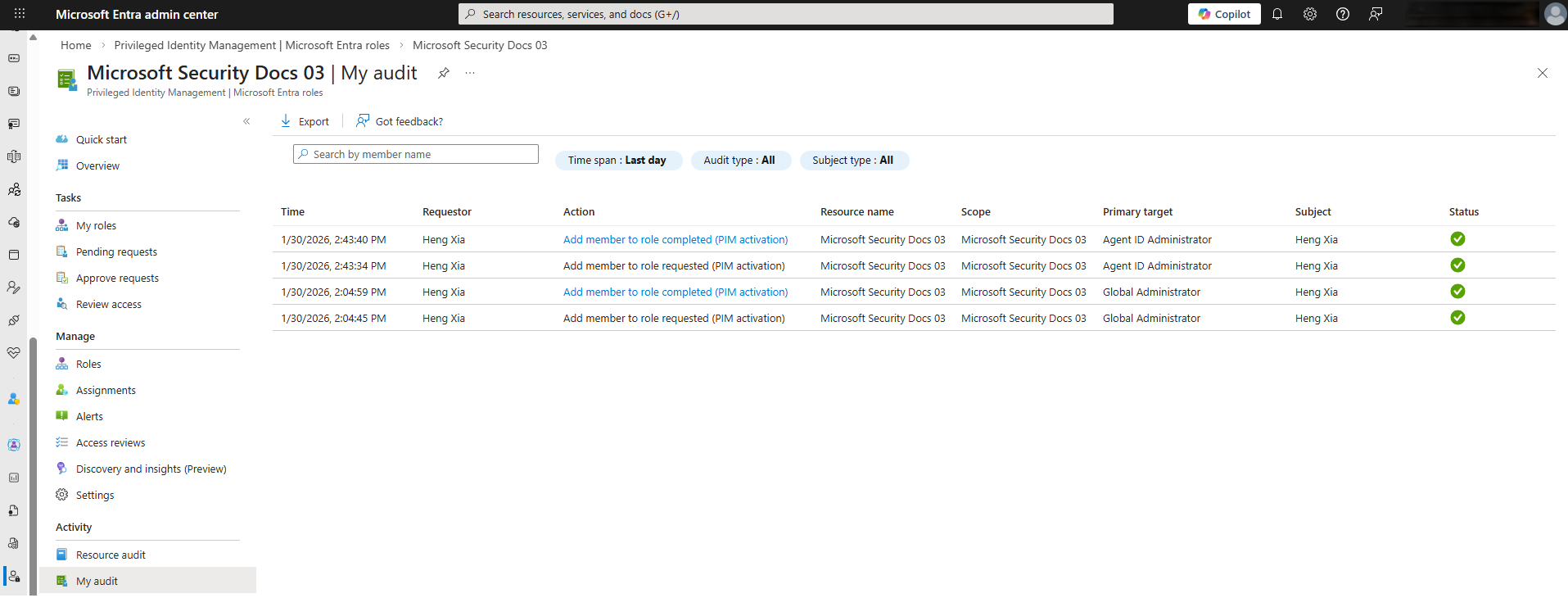 Screenshot showing the Audit list page for the current user.
