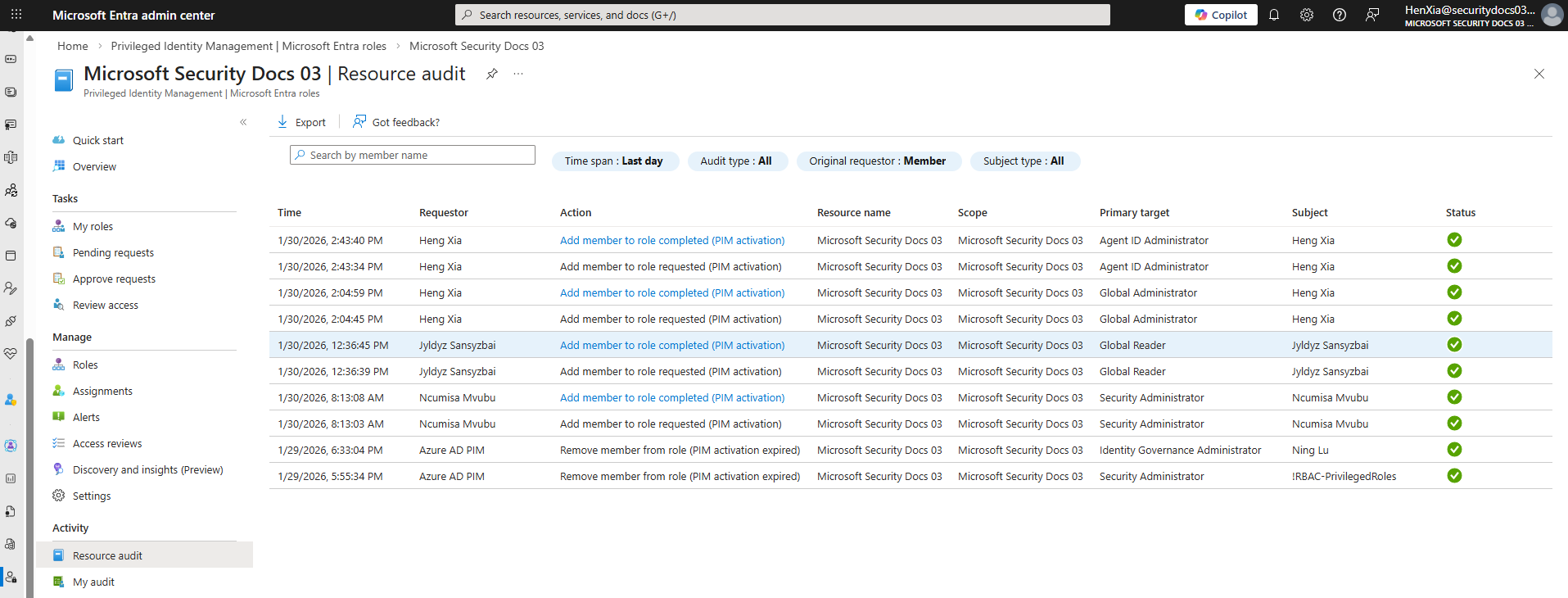 Screenshot showing the Microsoft Entra role audit list with filters.