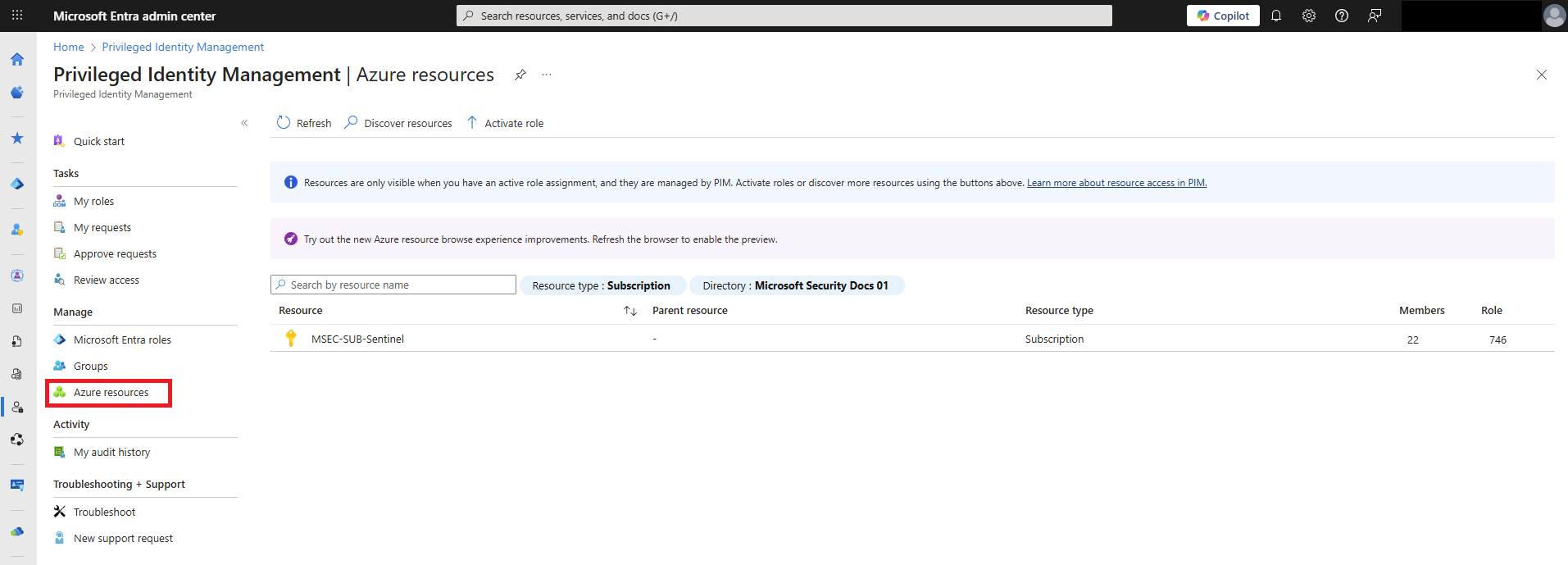 Screenshot of the Discover resources pane with no resources listed for first time experience.