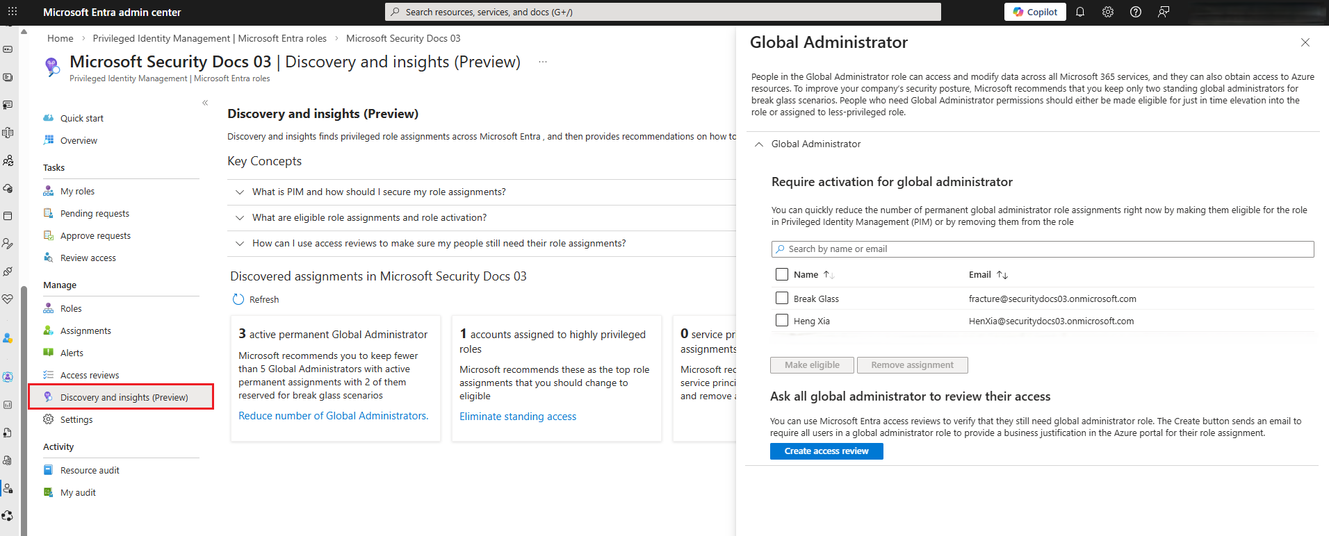 Screenshot showing the Roles pane showing all Global Administrators.