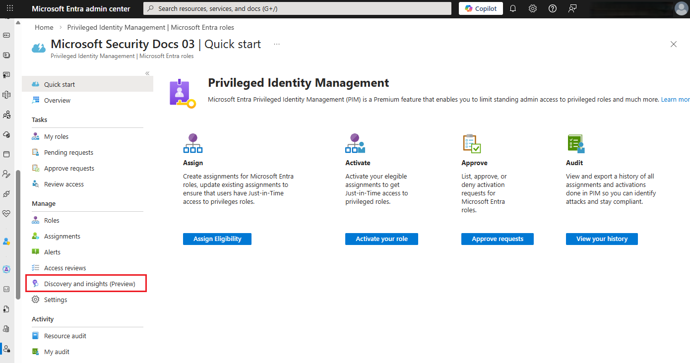 Screenshot showing Microsoft Entra roles Discovery and insights page.