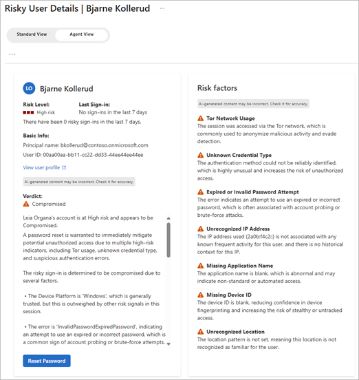 Screenshot of the agent view of the risky user details.