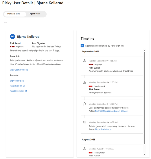 Screenshot of the standard view of the risky user details.