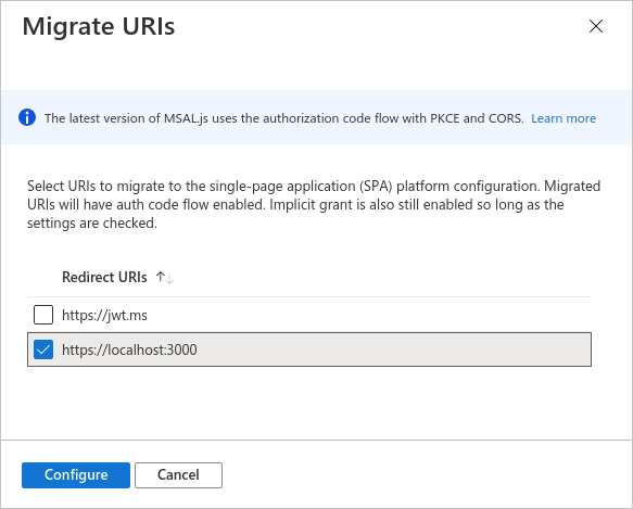 Select redirect URI pane in SPA pane in the Entra admin center.