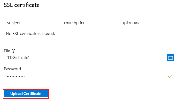 SSL certificate upload page with fields for certificate file selection and password.