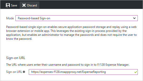Screenshot that shows the password-based sign-on configuration with URL entry.