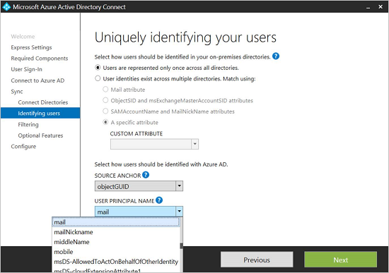User Principal Name dropdown for identifying users.