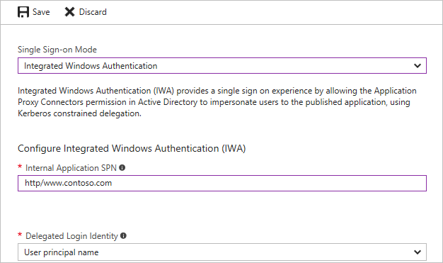 Screenshot that shows the Integrated Windows Authentication configuration settings.