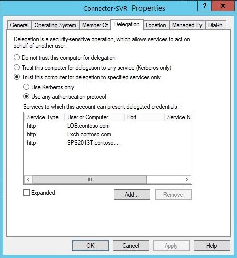 Screenshot that shows the Connector-SVR Properties window with Delegation tab.