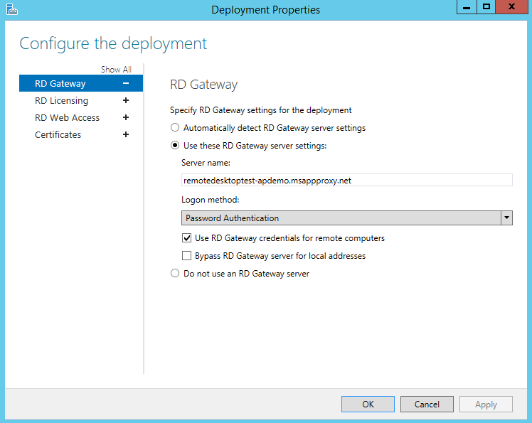 Screenshot that shows the Deployment Properties screen on RDS.