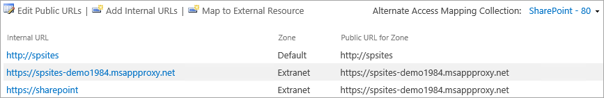 Screenshot of Alternate Access Mappings page showing internal and public URLs for Default and Extranet zones with SharePoint web application selected.