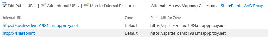 Screenshot of Alternate Access Mappings page showing internal and public URLs for the SharePoint web application in the Default zone.