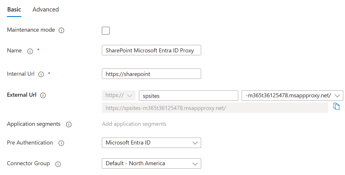 Screenshot of Microsoft Entra application proxy settings showing fields for Name, Internal URL, External URL, and Pre-Authentication set to Microsoft Entra ID.