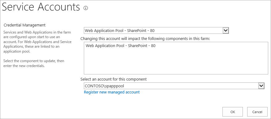 Screenshot of service account selection dialog with Web Application Pool - SharePoint 80 and domain account dropdown.