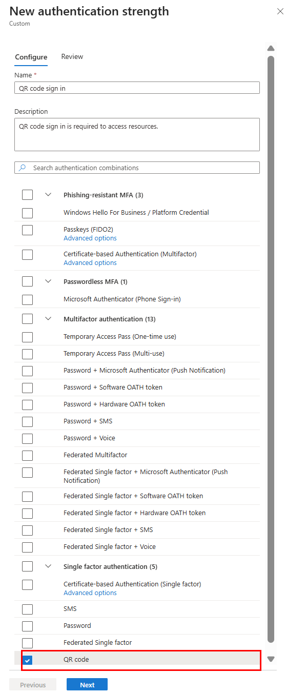Screenshot that shows a custom authentication strength with QR code selected.