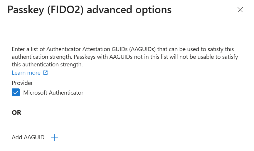 Screenshot that shows how to add an Authenticator Attestation GUID.