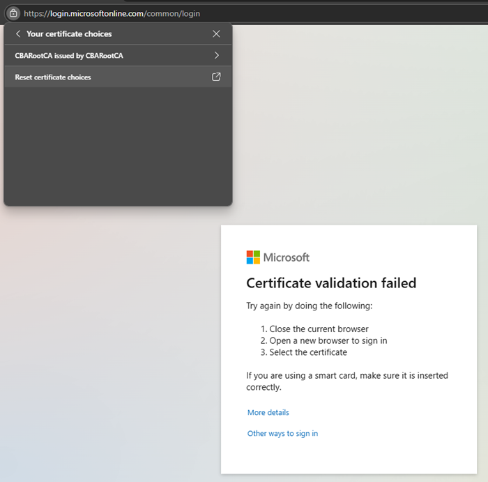 Screenshot that shows the Microsoft Edge browser certificate choice reset.