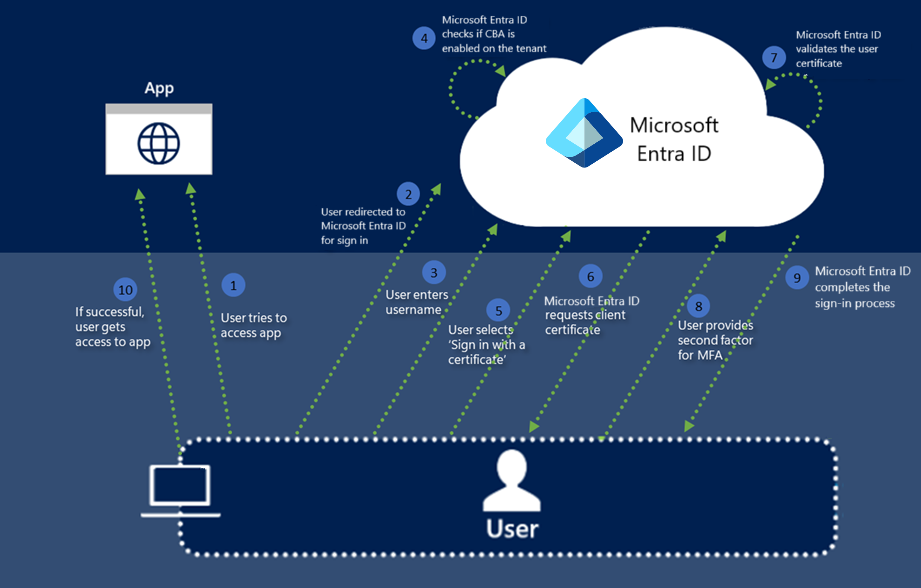 Diagram that shows an overview of the steps in Microsoft Entra certificate-based authentication.