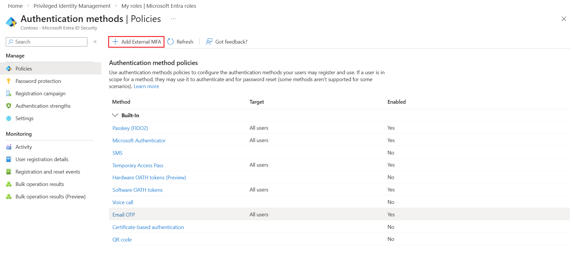 Screenshot of how to add an external MFA in the Microsoft Entra admin center.
