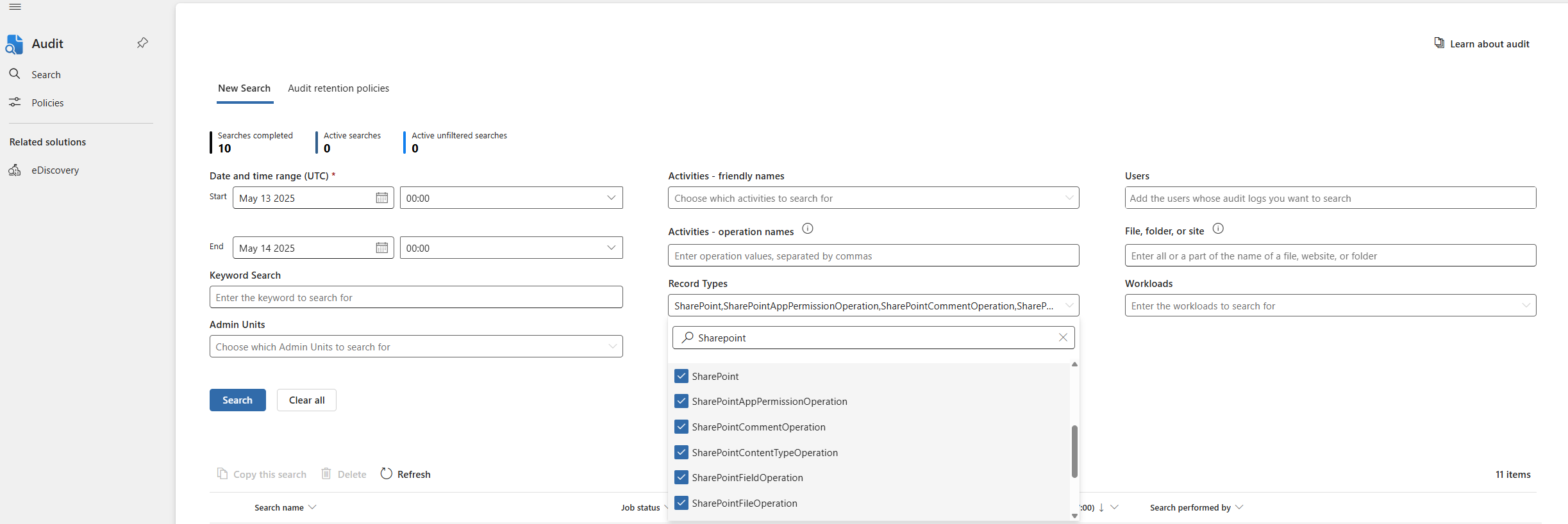 Screenshot of Microsoft Purview portal showing supported Record Types for SharePoint Online.