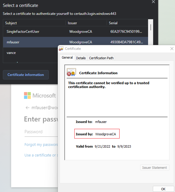 Screenshot that shows the certificate picker UI.