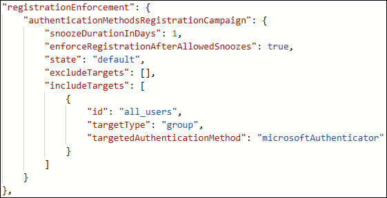 Screenshot that shows the Graph Explorer API response showing the registrationEnforcement section of the authentication methods policy.