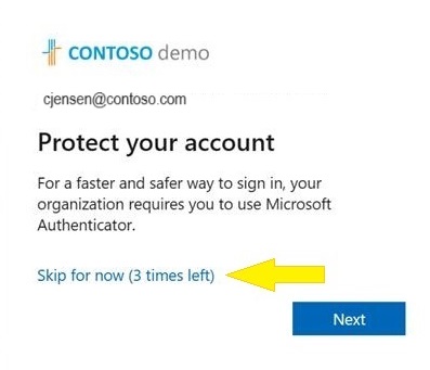 Screenshot that shows the Skip for now option to snooze the registration campaign prompt.