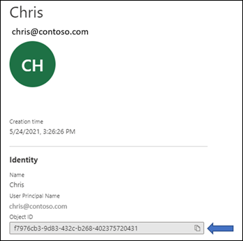 Screenshot that shows the user properties page showing the Object ID field.
